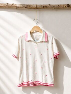 Vintage Talbots  White Polo Shirt with Pink Polka Dots